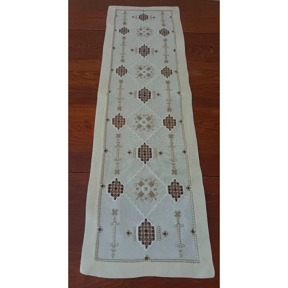 Unused Vintage Hardanger Table Runner Taupe Embroidery Lace Norway New 51" - Picture 2 of 4